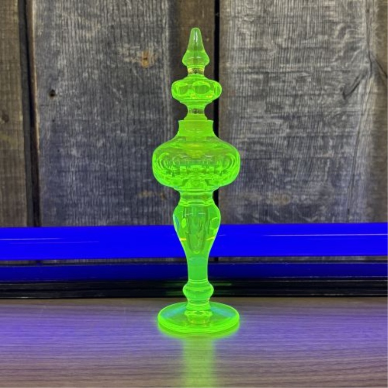 Antique Uranium Vaseline Glass Perfume Bottle with Thumbprint Pattern