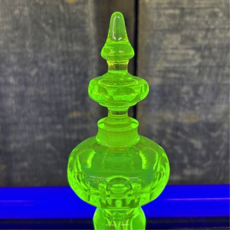 Antique Uranium Vaseline Glass Perfume Bottle with Thumbprint Pattern