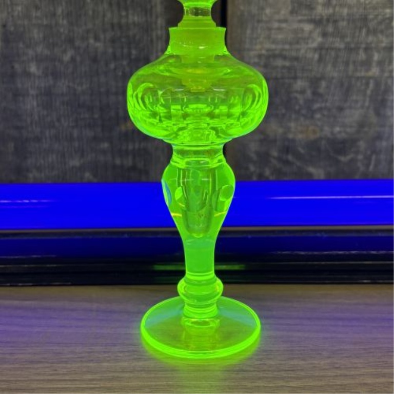 Antique Uranium Vaseline Glass Perfume Bottle with Thumbprint Pattern