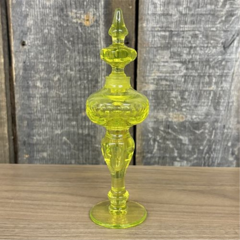 Antique Uranium Vaseline Glass Perfume Bottle with Thumbprint Pattern