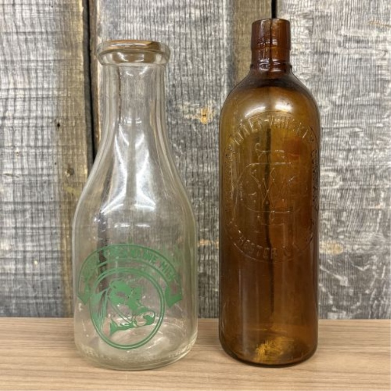 Two American Glass Bottles, Plainview Farms Dairy Milk and Duffy Malt Whiskey Company