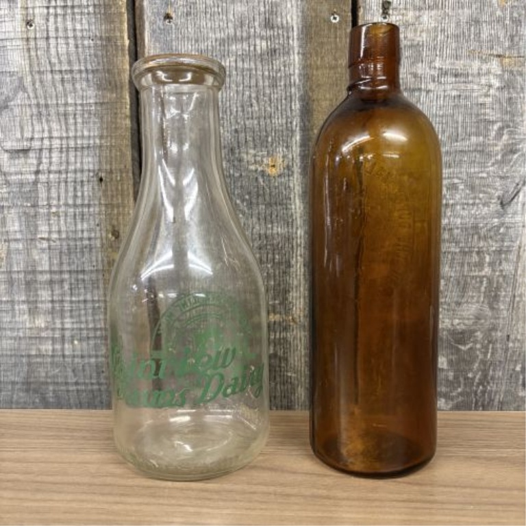 Two American Glass Bottles, Plainview Farms Dairy Milk and Duffy Malt Whiskey Company