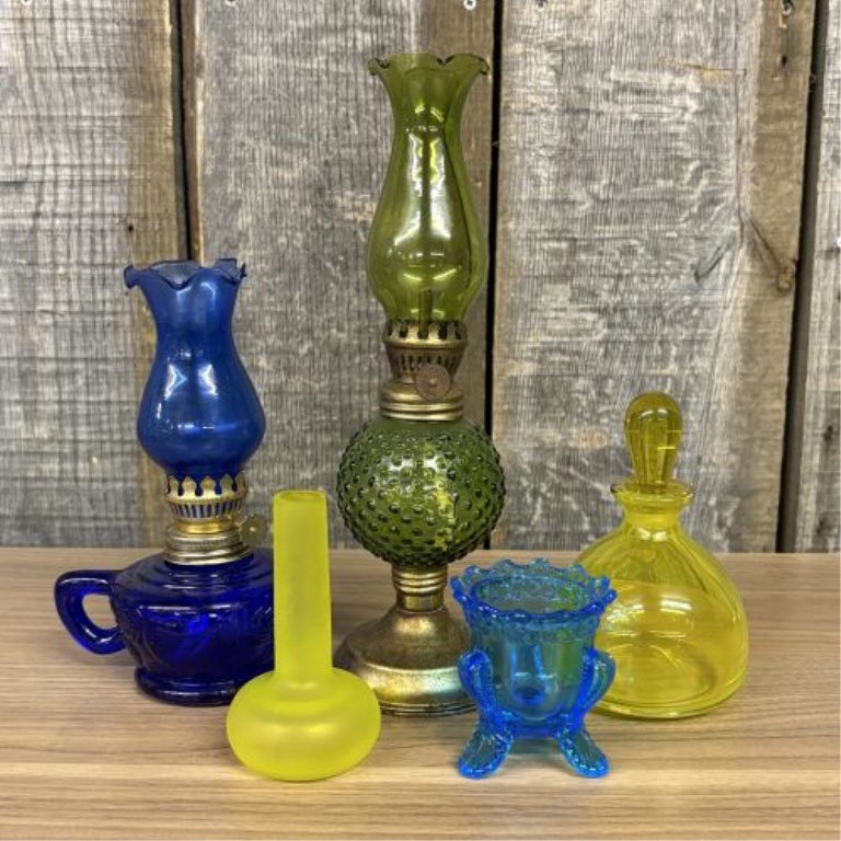 Collection of Five Vintage Glass Miniature Oil Lamps and Decorative Glassware