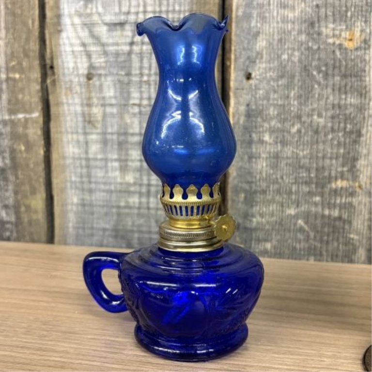 Collection of Five Vintage Glass Miniature Oil Lamps and Decorative Glassware