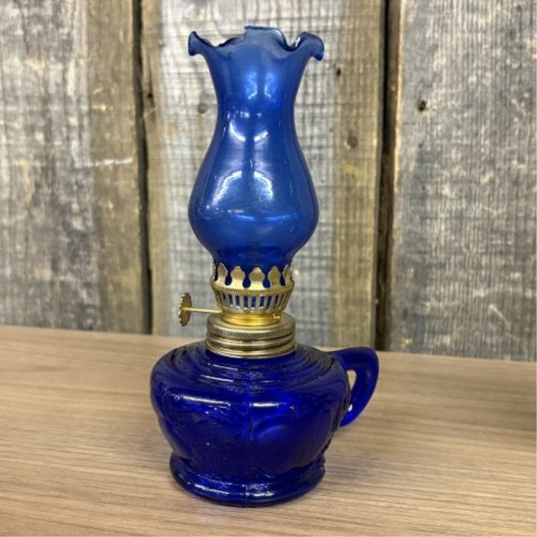 Collection of Five Vintage Glass Miniature Oil Lamps and Decorative Glassware