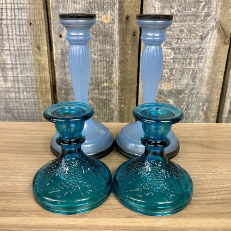 An Assortment of Four Vintage Blue Satin and Teal Pressed Glass Candlesticks