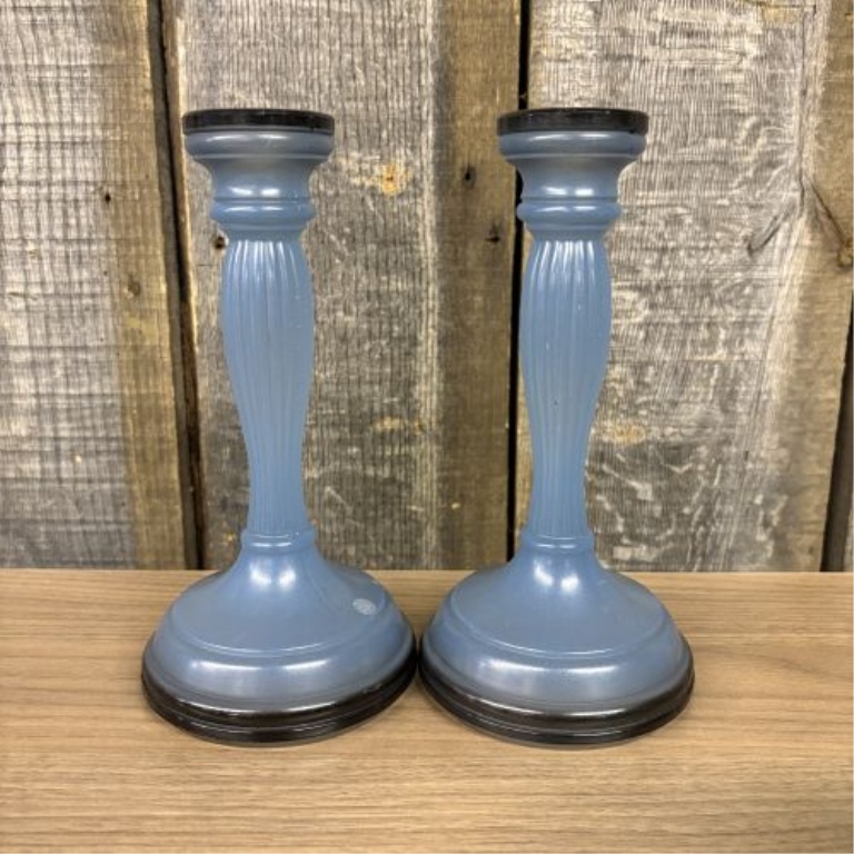 An Assortment of Four Vintage Blue Satin and Teal Pressed Glass Candlesticks