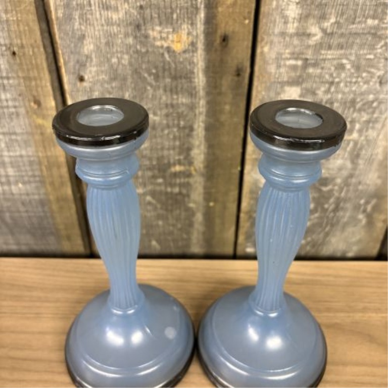 An Assortment of Four Vintage Blue Satin and Teal Pressed Glass Candlesticks