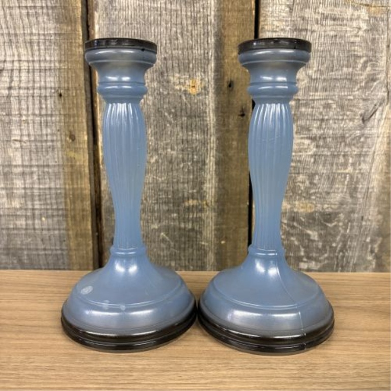 An Assortment of Four Vintage Blue Satin and Teal Pressed Glass Candlesticks