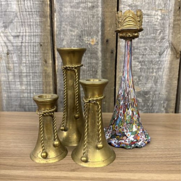 A Set of Four Decorative Candlesticks Including Murano Millefiori Glass and Graduated Brass