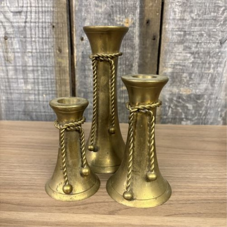 A Set of Four Decorative Candlesticks Including Murano Millefiori Glass and Graduated Brass