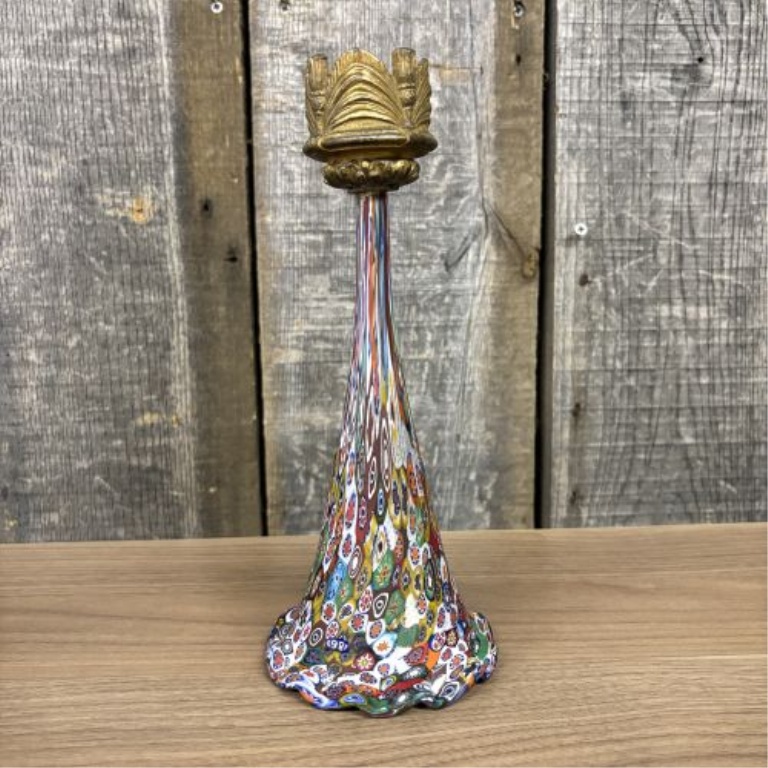 A Set of Four Decorative Candlesticks Including Murano Millefiori Glass and Graduated Brass