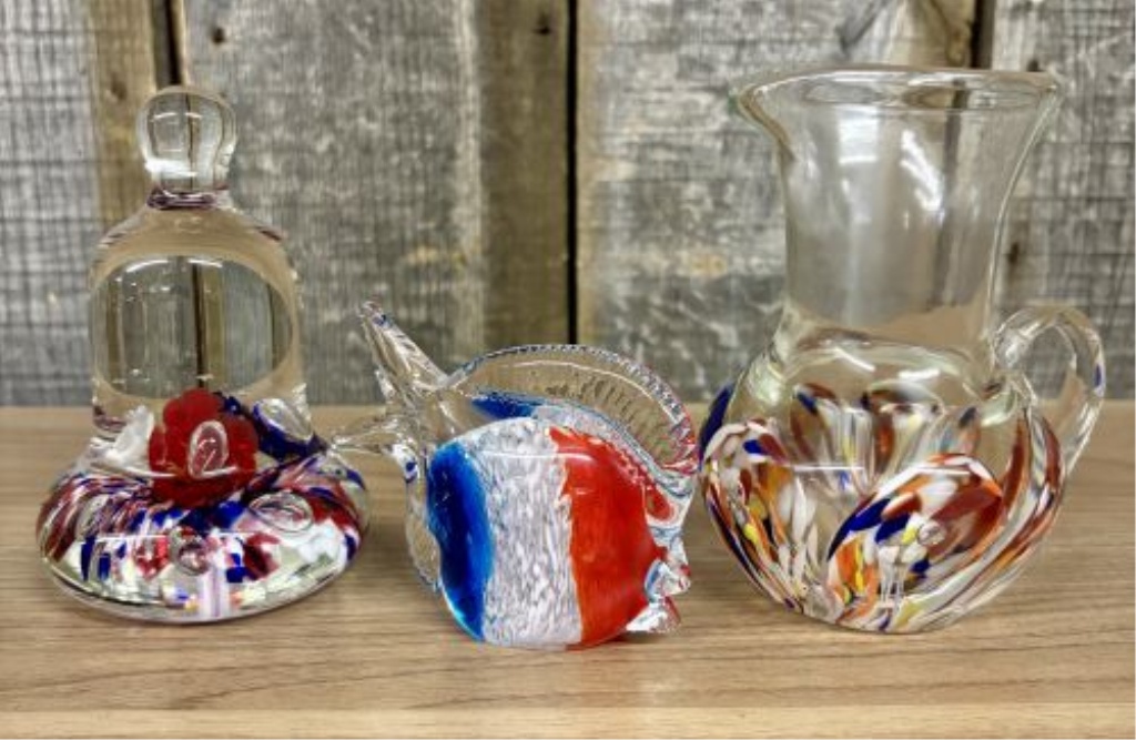 A Trio of Art Glass Pieces Including a Saint-Louis Commemorative Paperweight, a Fish Figurine, and a Spatter Glass Pitcher