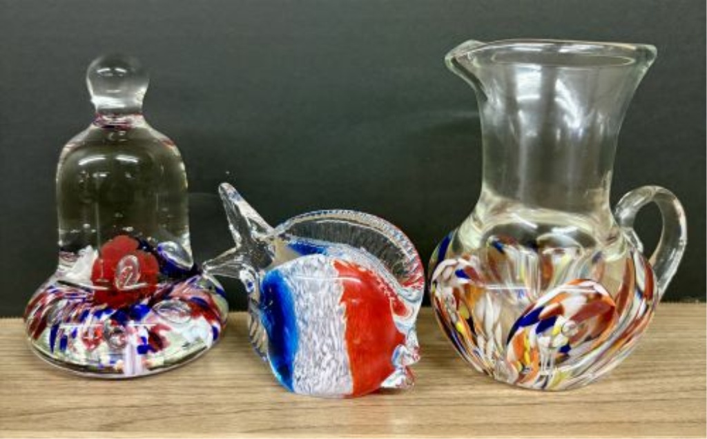 A Trio of Art Glass Pieces Including a Saint-Louis Commemorative Paperweight, a Fish Figurine, and a Spatter Glass Pitcher