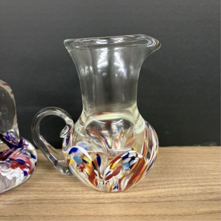A Trio of Art Glass Pieces Including a Saint-Louis Commemorative Paperweight, a Fish Figurine, and a Spatter Glass Pitcher