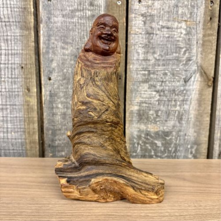 Hand-Carved Cedar Wood Root Happy Buddha Sculpture