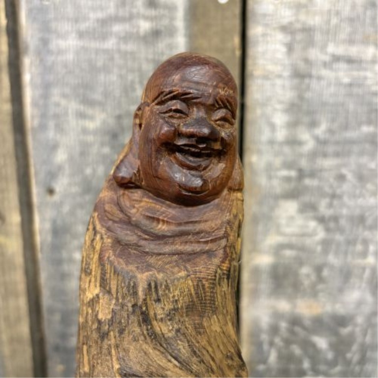 Hand-Carved Cedar Wood Root Happy Buddha Sculpture
