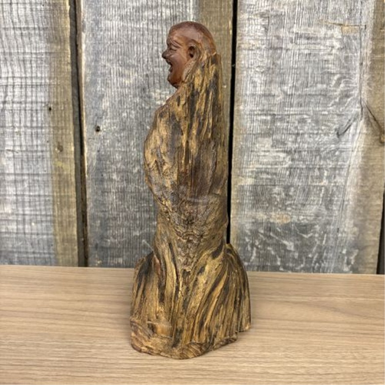 Hand-Carved Cedar Wood Root Happy Buddha Sculpture