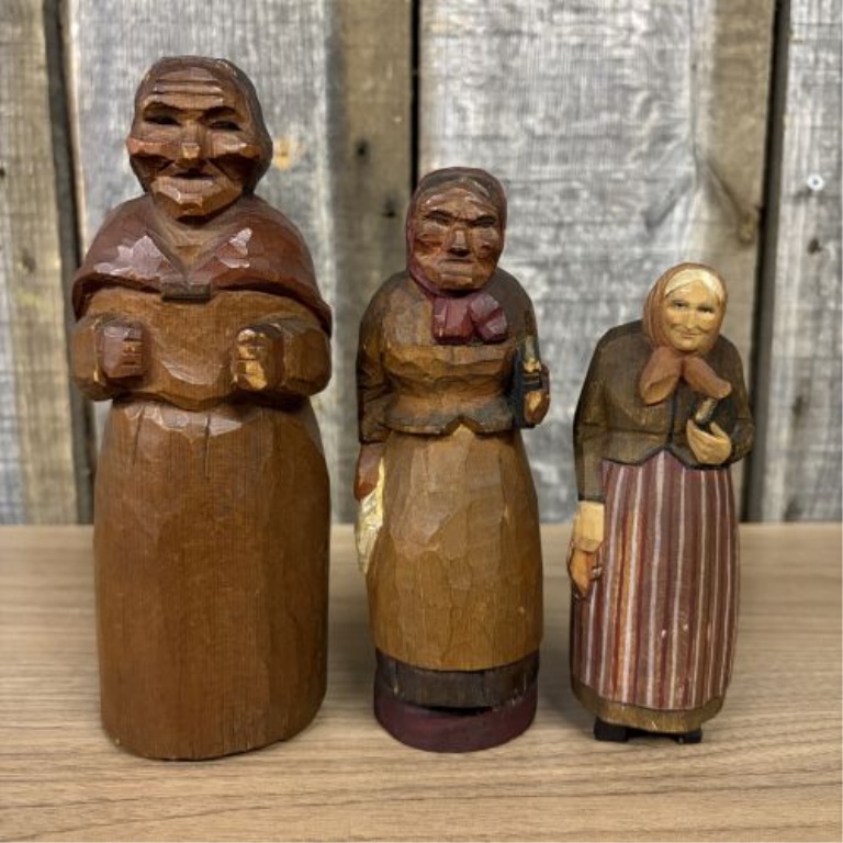 A Set of Four Hand-Carved and Painted Wooden Folk Art Figurines Signed C. Warren Larkin