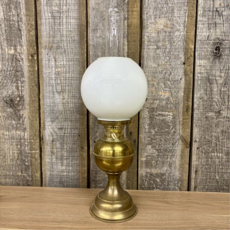 Victorian Style Polished Brass Duplex Burner Table Lamp with Milk Glass Shade