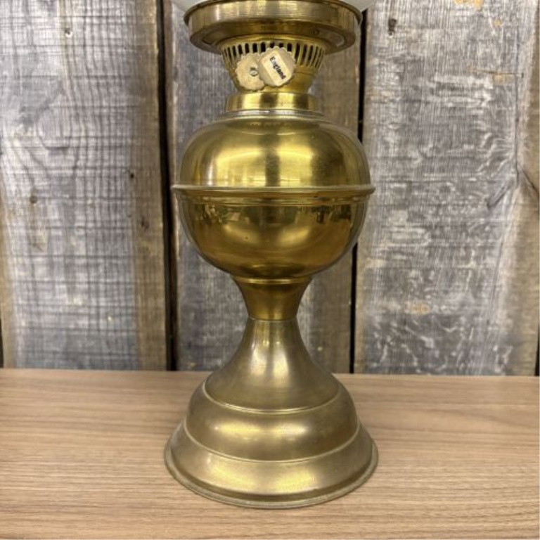 Victorian Style Polished Brass Duplex Burner Table Lamp with Milk Glass Shade