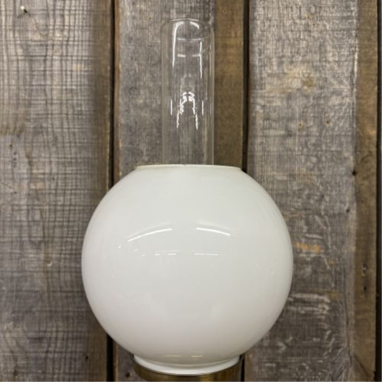 Victorian Style Polished Brass Duplex Burner Table Lamp with Milk Glass Shade