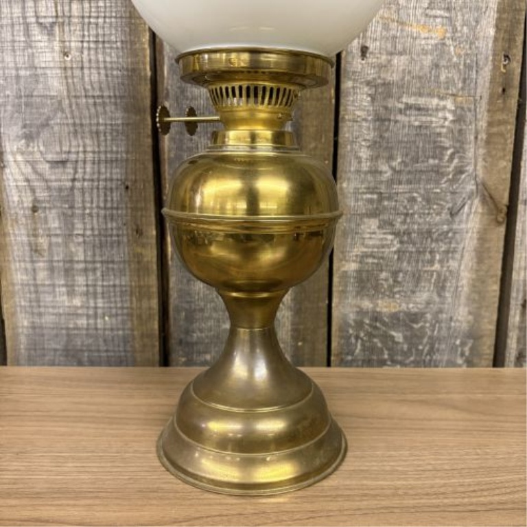 Victorian Style Polished Brass Duplex Burner Table Lamp with Milk Glass Shade