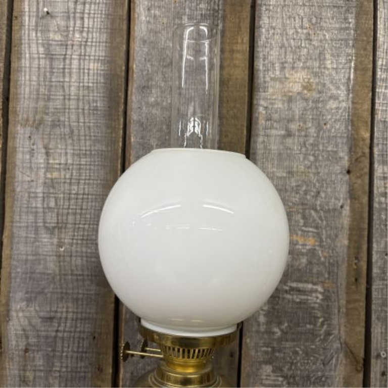 Victorian Style Polished Brass Duplex Burner Table Lamp with Milk Glass Shade