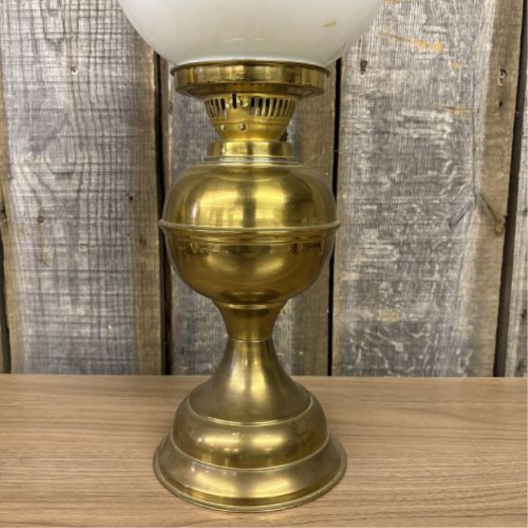 Victorian Style Polished Brass Duplex Burner Table Lamp with Milk Glass Shade