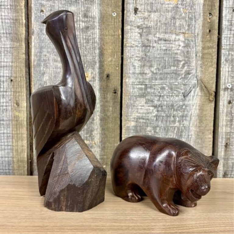 Two Hand-Carved Desert Ironwood Animal Figures, Pelican and Bear