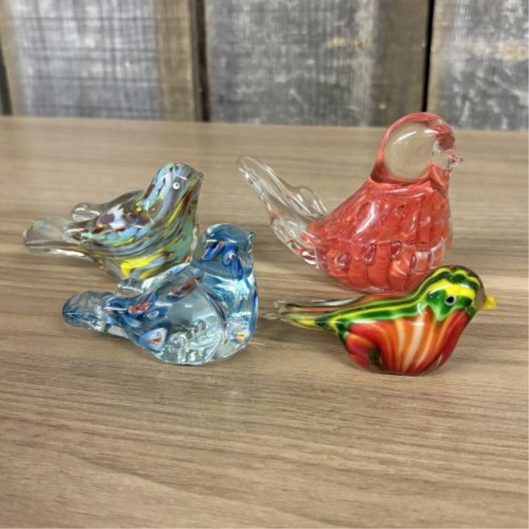Four Hand-Blown Art Glass Bird Figurines Including Murano and Lefton Examples