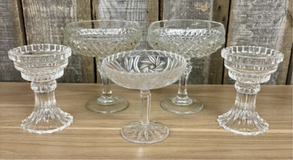 An Assortment of American Brilliant Period Style Pressed Glass and Crystal Pedestal Bowls and Candle Holders