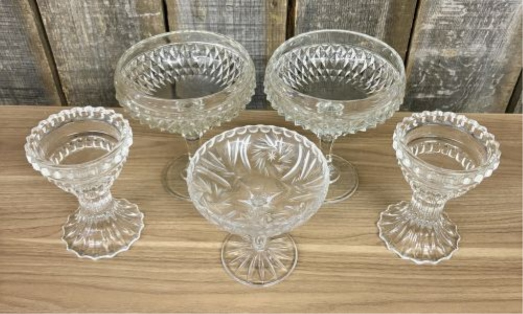 An Assortment of American Brilliant Period Style Pressed Glass and Crystal Pedestal Bowls and Candle Holders