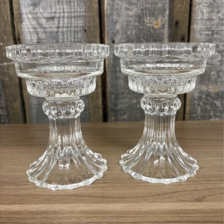 An Assortment of American Brilliant Period Style Pressed Glass and Crystal Pedestal Bowls and Candle Holders