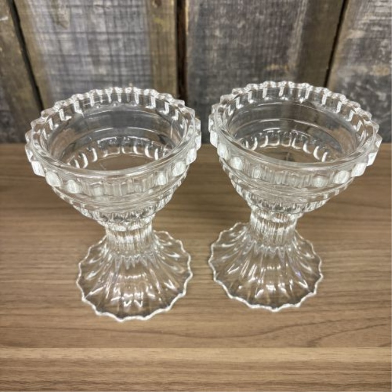 An Assortment of American Brilliant Period Style Pressed Glass and Crystal Pedestal Bowls and Candle Holders
