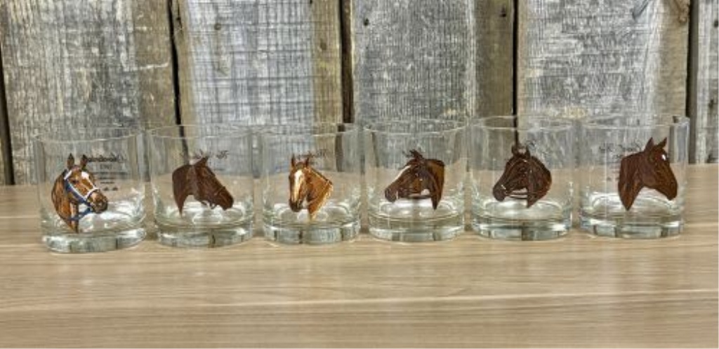 A Set of Six Vintage Thoroughbred Triple Crown Winners Lowball Glasses