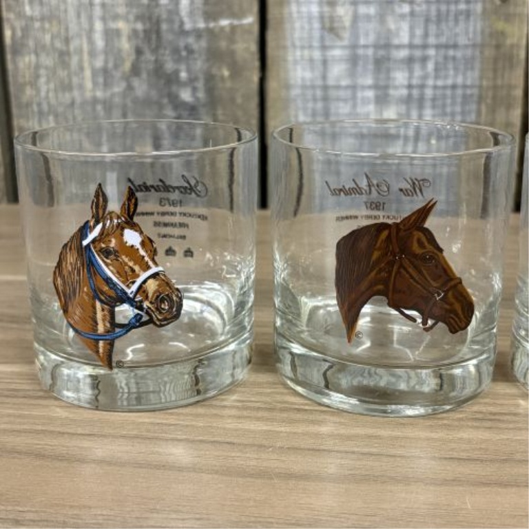 A Set of Six Vintage Thoroughbred Triple Crown Winners Lowball Glasses
