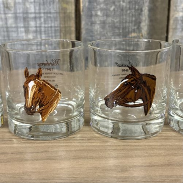 A Set of Six Vintage Thoroughbred Triple Crown Winners Lowball Glasses