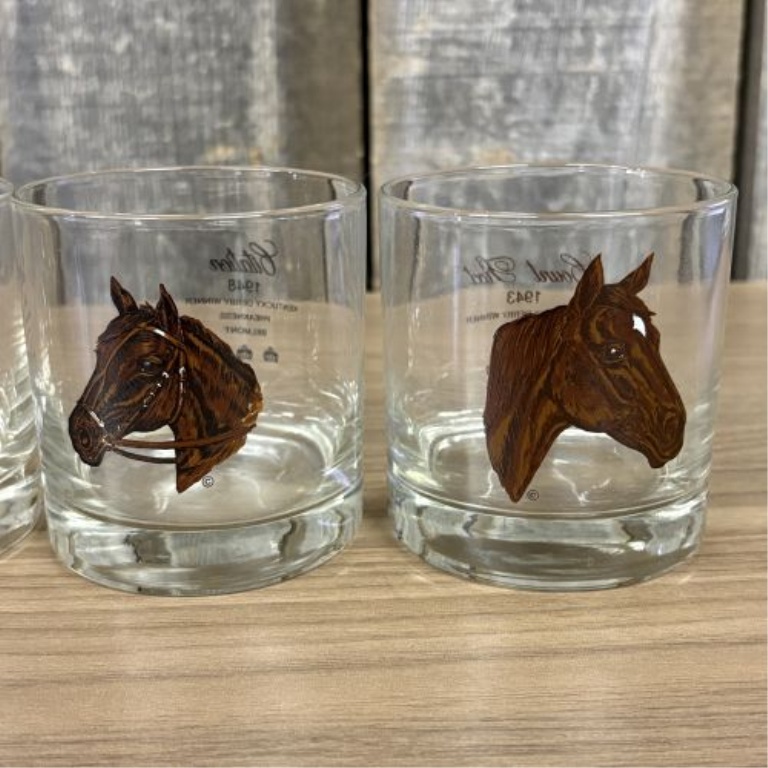 A Set of Six Vintage Thoroughbred Triple Crown Winners Lowball Glasses
