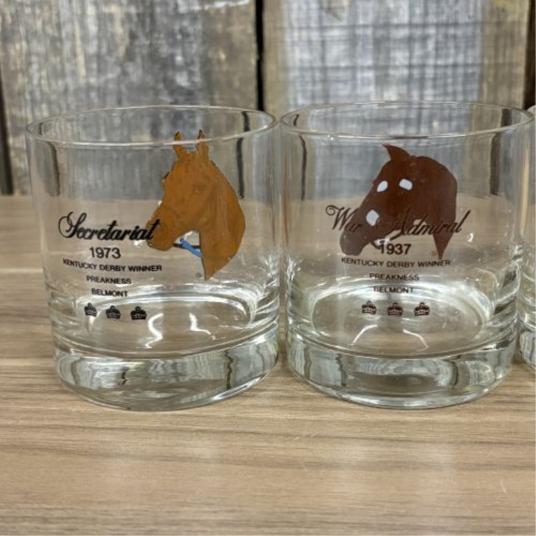 A Set of Six Vintage Thoroughbred Triple Crown Winners Lowball Glasses