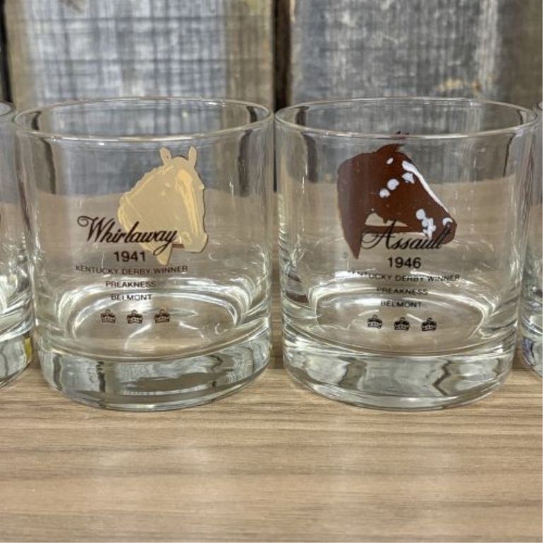 A Set of Six Vintage Thoroughbred Triple Crown Winners Lowball Glasses