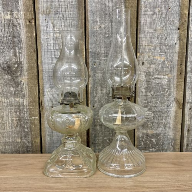 A Pair of Antique American Clear Glass Kerosene Lamps by Scovill and P&A Mfg Co