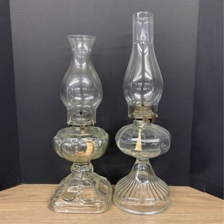 A Pair of Antique American Clear Glass Kerosene Lamps by Scovill and P&A Mfg Co