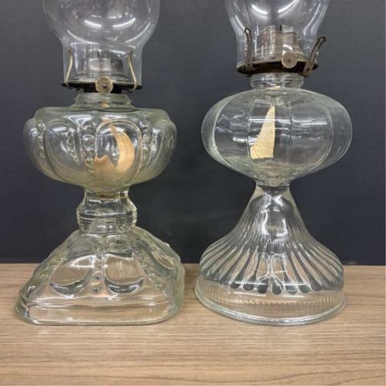 A Pair of Antique American Clear Glass Kerosene Lamps by Scovill and P&A Mfg Co