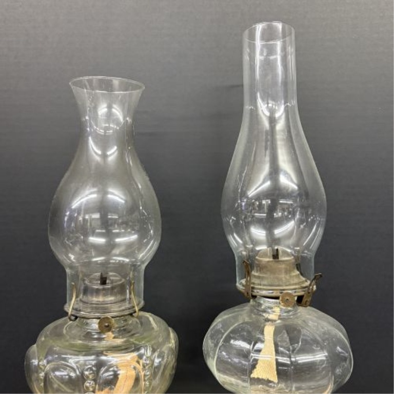 A Pair of Antique American Clear Glass Kerosene Lamps by Scovill and P&A Mfg Co