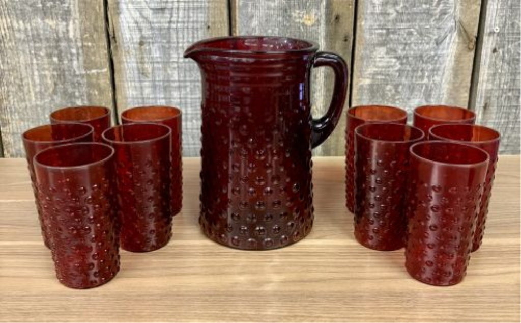 11-Piece Set of Anchor Hocking Royal Ruby Hobnail Glass Pitcher and Tumblers