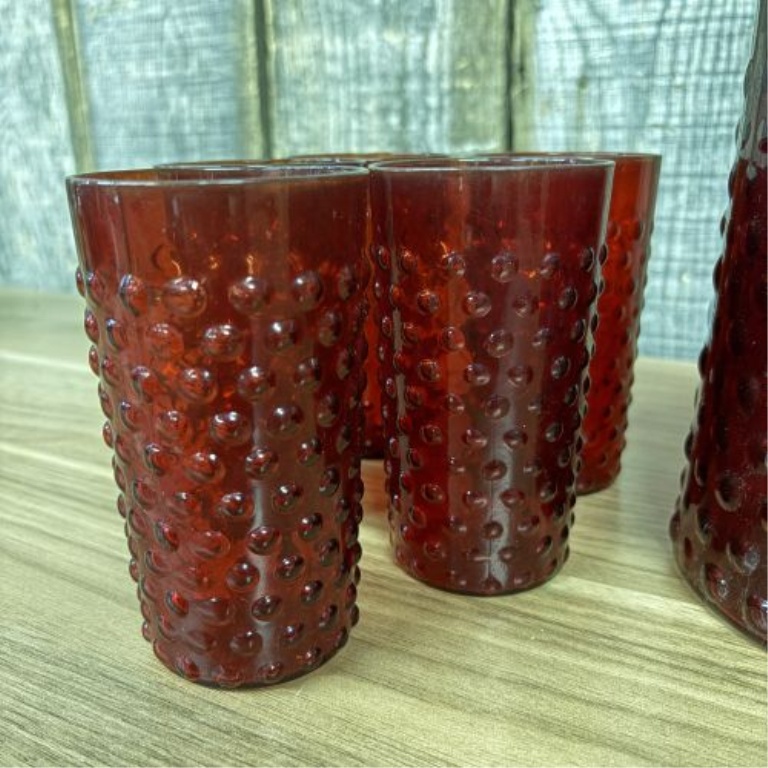 11-Piece Set of Anchor Hocking Royal Ruby Hobnail Glass Pitcher and Tumblers