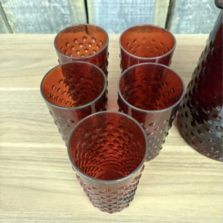 11-Piece Set of Anchor Hocking Royal Ruby Hobnail Glass Pitcher and Tumblers