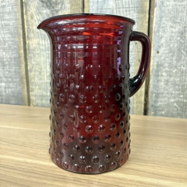 11-Piece Set of Anchor Hocking Royal Ruby Hobnail Glass Pitcher and Tumblers