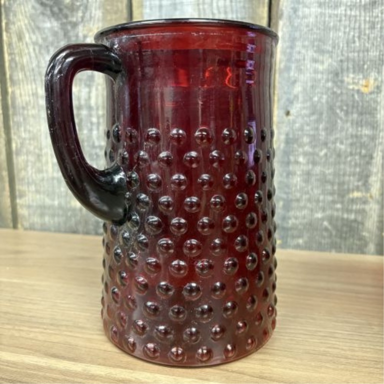 11-Piece Set of Anchor Hocking Royal Ruby Hobnail Glass Pitcher and Tumblers
